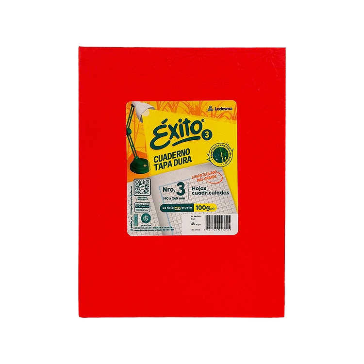 Cuaderno Escolar Tapa Dura Exito E3 19x24 48 Hojas Cuadro Grande Forrado Rojo Art.103264
